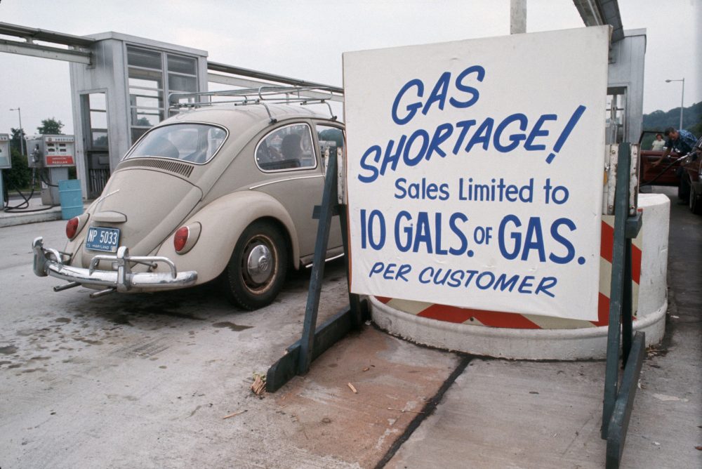 Cars wait in the long lines during the gas shortage.